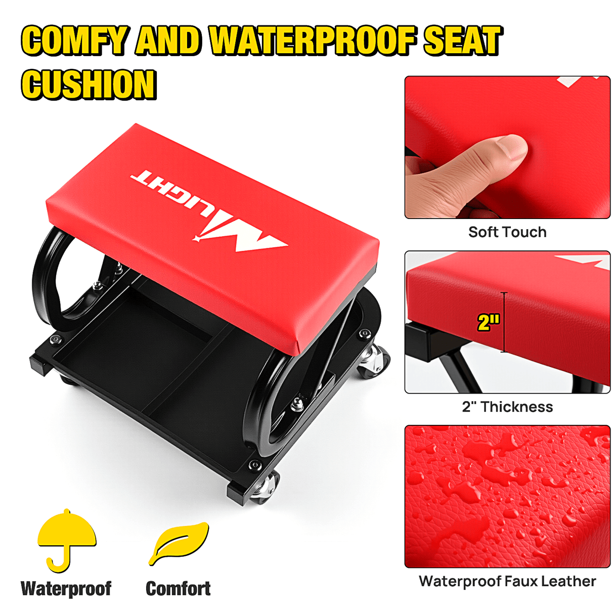 Creeper Seat 260 LBS Capacity Red Rolling Mechanic Padded Seat with Tool Tray Storage