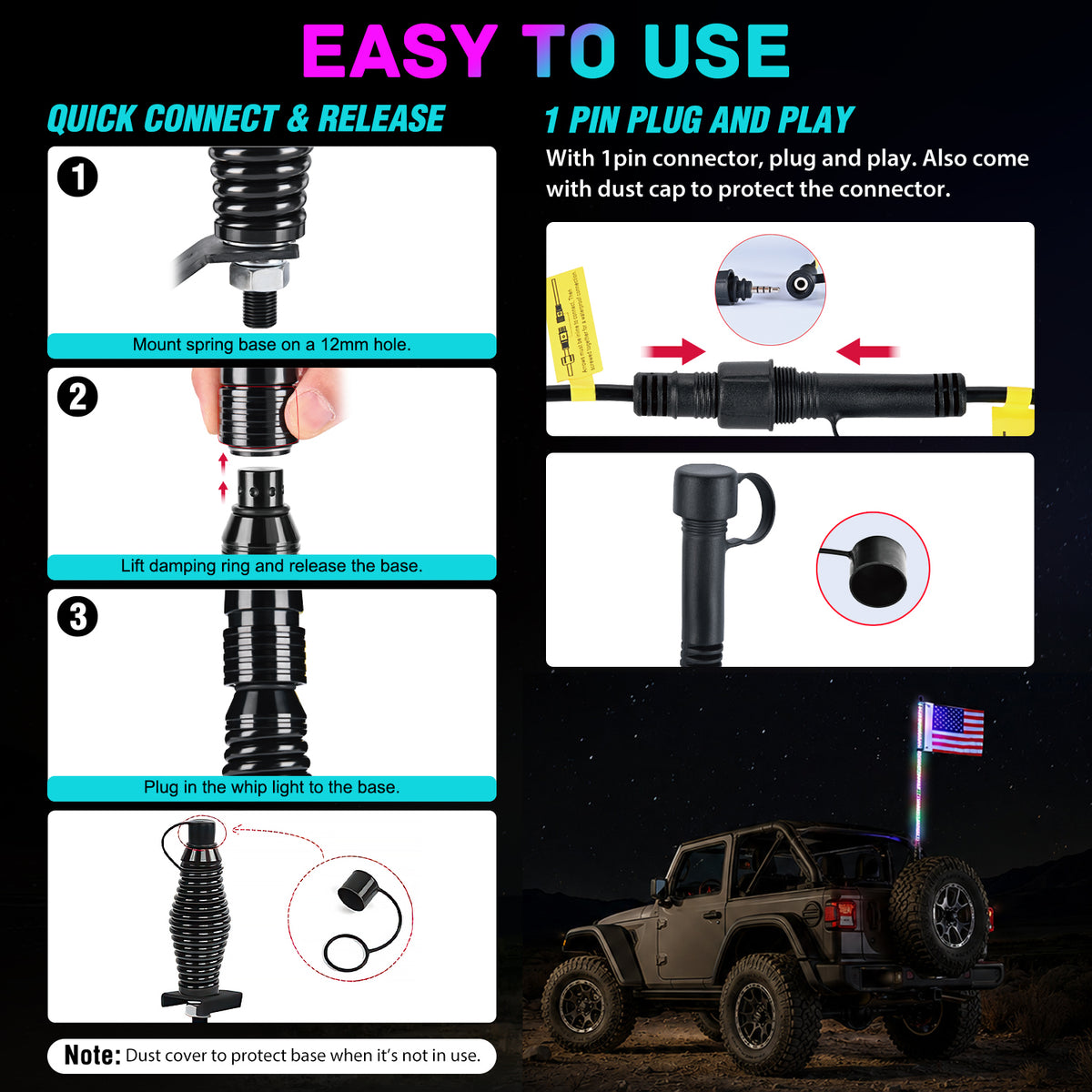 LED Whip Light 1 PC 3FT COB RGB Lighted Antenna Whips with Spring Base Remote & App Control DIY Chasing Patterns for Can-am Offroad ATV UTV RZR Polaris Dune Buggy 4-Wheeler Truck