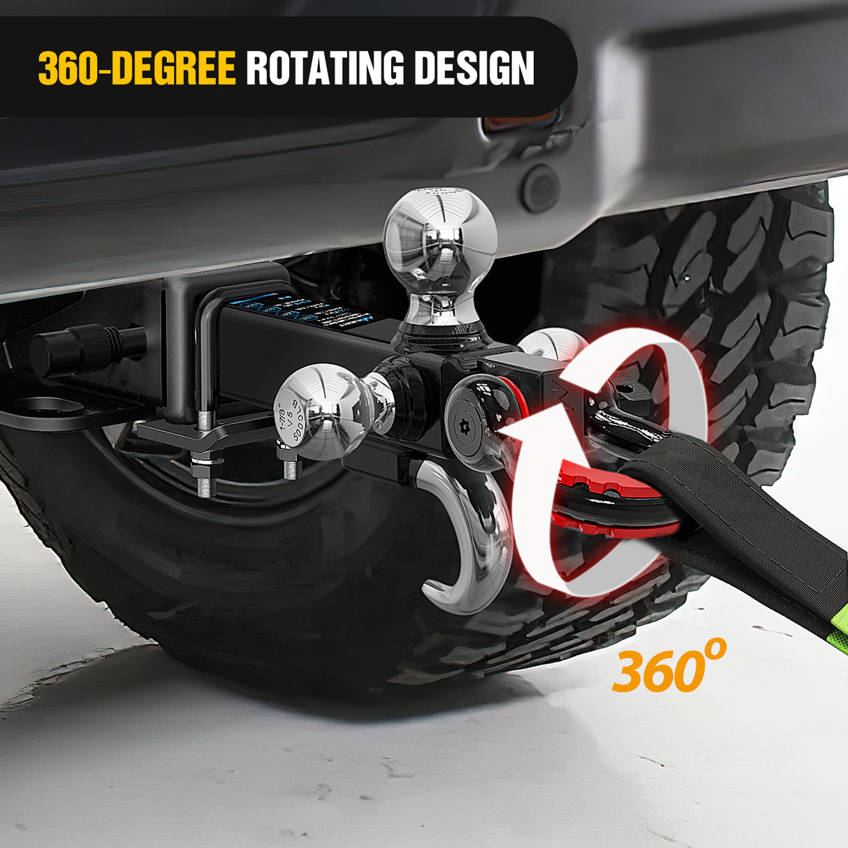 Trailer Hitch Tri-Ball Mount with Hook and Rotatable Tow Anti-Theft 3/4Inch Shackle Fits for 2inch Receiver Ball Size 1-7/8Inch 2Inch 2-5/16Inch GTW from 5000lbs to 10000lbs for RV SUV ATV Truck