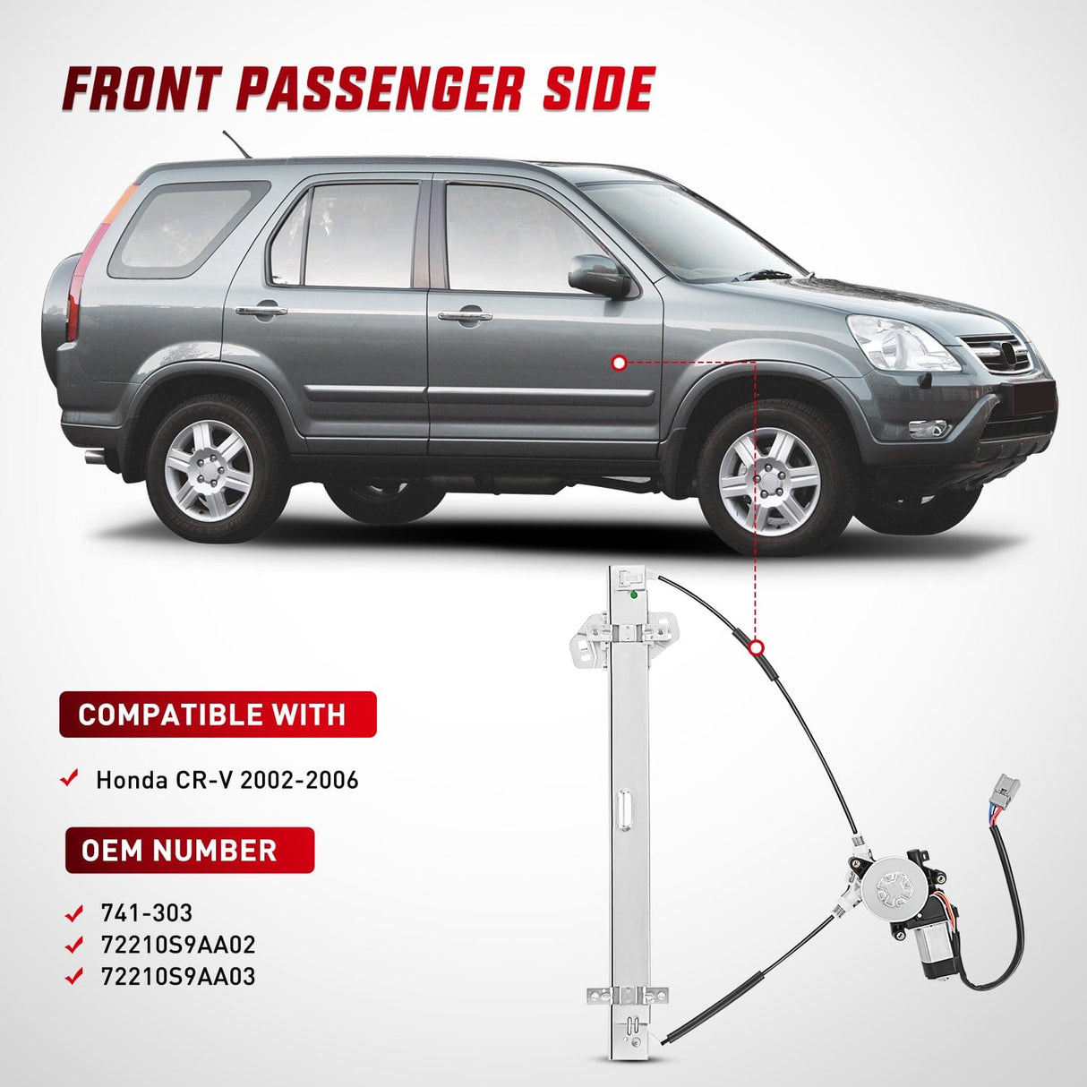 Window Regulator Power Window Regulator with Motor Assembly Replacement for Honda CR-V 2002 2003 2004 2005 2006, Front Passenger Side, 741-303