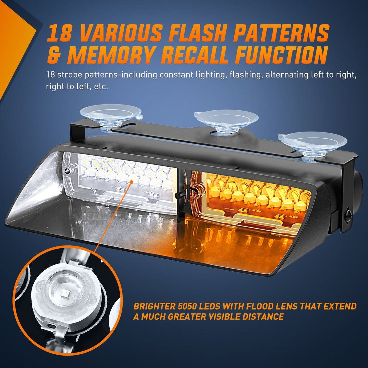 Windshield Hazard Strobe Light 8 Inch 16 Leds Windshield Hazard Amber White Strobe Light