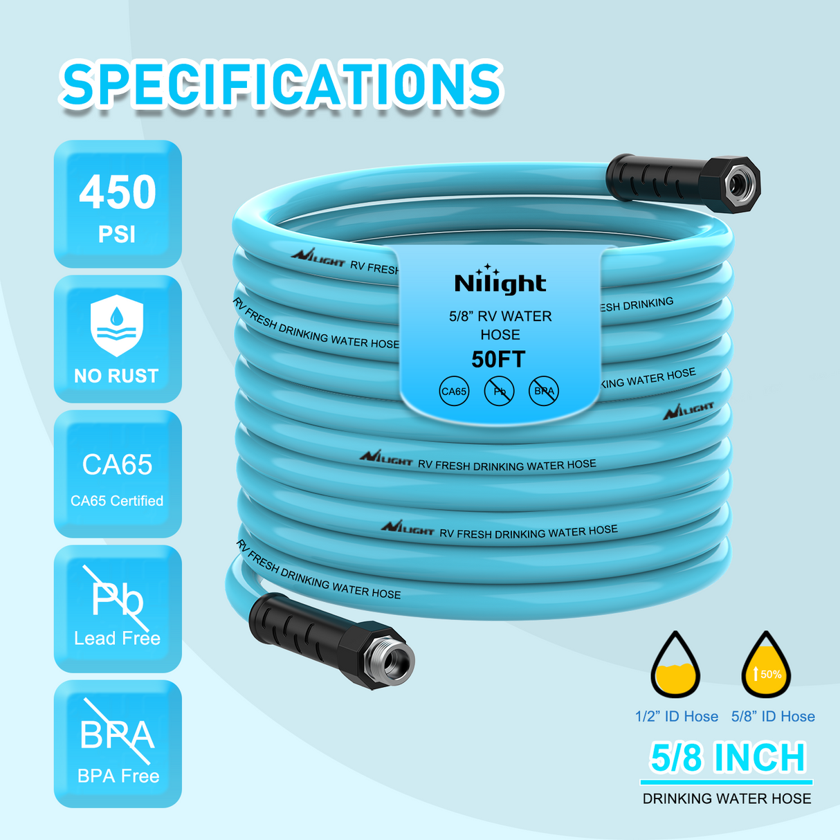 Nilight RV Parts RV Water Hose 50FT Garden Drinking Hoses with Storage Bag Leakproof Anti-Kink 5/8 Inch Inner Diameter Flexible Lightweight Freshwater Hose for RVs Campers Travel Trailer Boat Car Wash Accessories