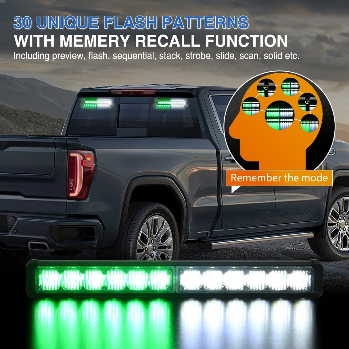 Led Strobe Light 24LED Emergency Strobe Traffic Advisor Light Bar 2 in 1 Green White Dash Warning Safety Flashing Lights Front/Rear Windshield Construction Lights for Trucks Cars Plow Police Vehicles