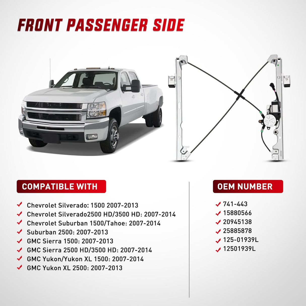 Window Regulator 741-443 Power Window Regulator Front Passenger with Motor Compatible with Chevrolet Silverado 1500 2007-2013 Tahoe GMC Yukon Sierra 1500 2007 2008 2009 2010 2012 2013