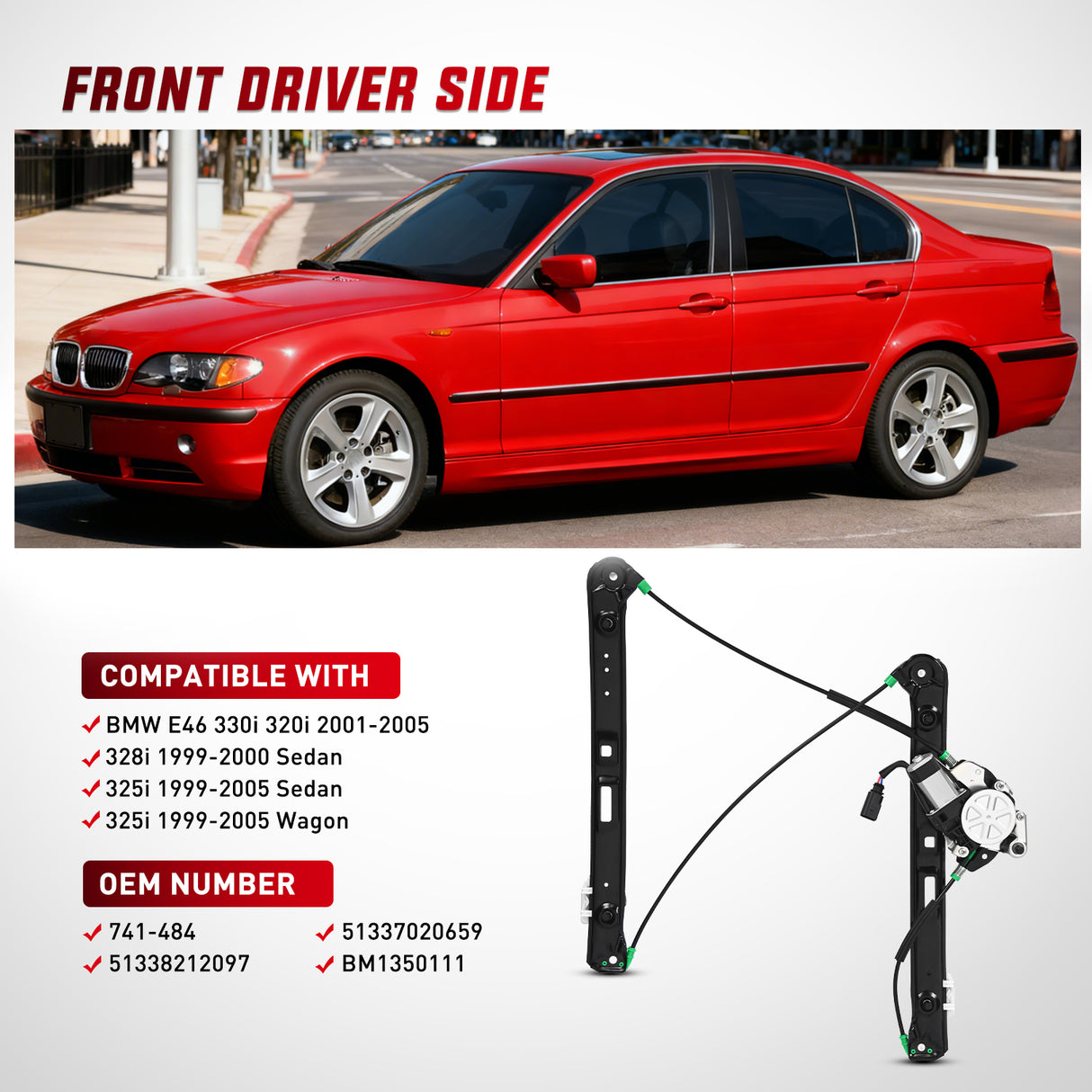 741-484 Power Window Regulator/Motor Front Driver Side Compatible with BMW E46 325i 328i 330i 1999 2000 2001 2002 2003 2004 2005 Sedan