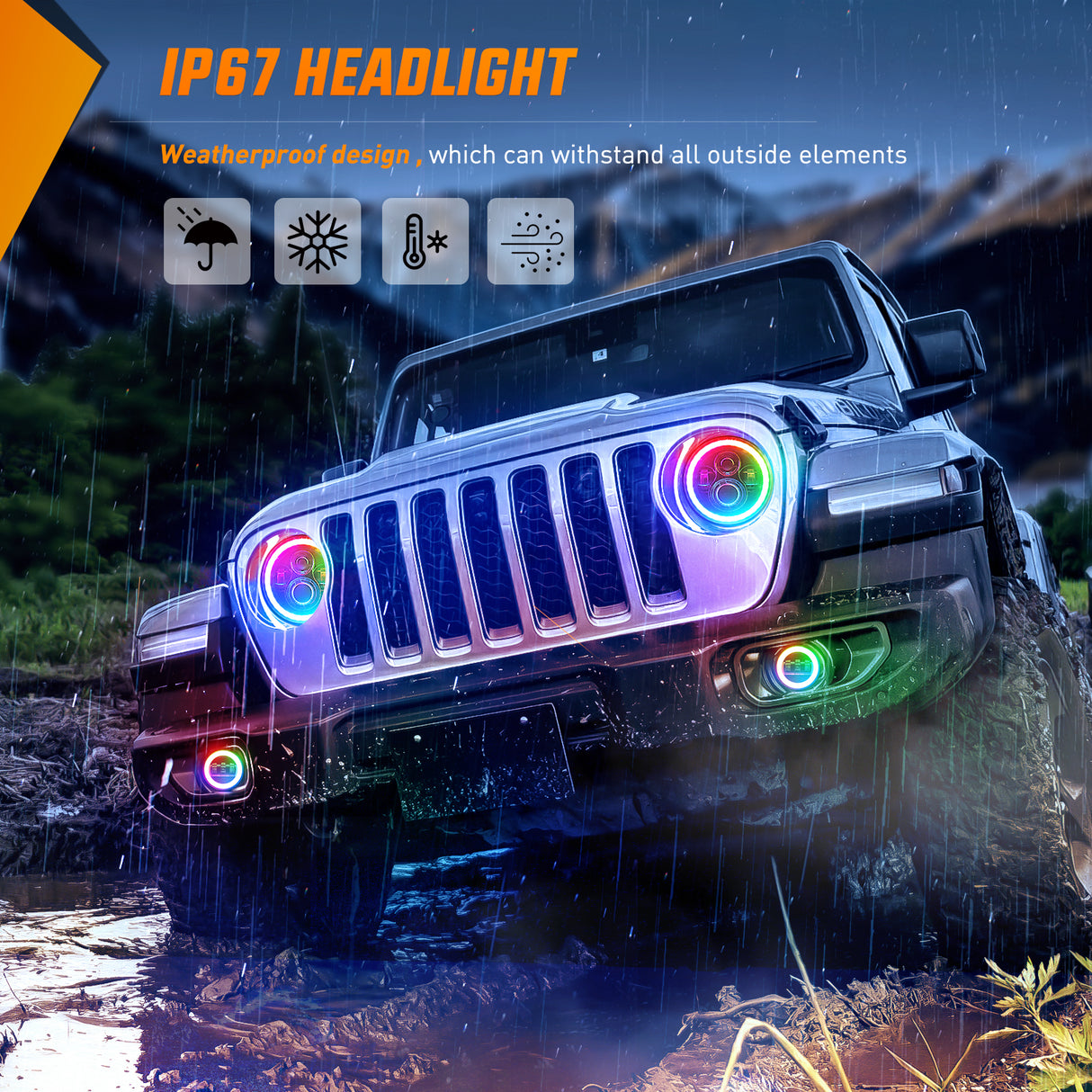 Headlight Assembly 7 Inch RGB LED Headlight and 4 Inchs Fog Light w/Turn Signal APP Remote Control Round Headlights Compatible with 2007 2008 2009 2010 2011 2012 2013 2014 2015 2016 2017 2018 Wrangler JK JKU