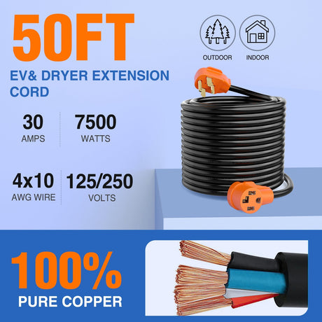 RV Parts 50FT EV Dryer Extension Cord 4 Prong 30 Amp NEMA 14-30P 14-30R Old Cable Heavy Duty 10 Gauge Pure Copper Wire UL Listed 125/250V for Level 2 Using30 Amp 25FT 4 Prong EV Dryer Extension Cord
