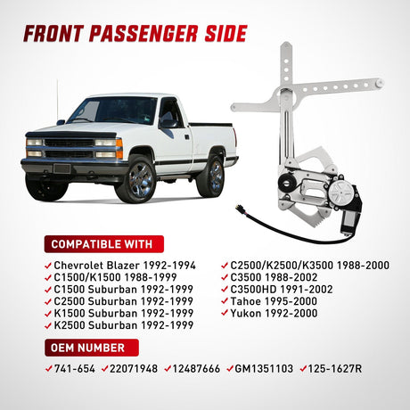 Window Regulator 741-654 Window Regulator/Motor Front Passenger Side Compatible with 1988-2002 Chevrolet Blazer C1500 C2500 C3500 K1500 K2500 K3500 Tahoe GMC Yukon 1996 1997 1998 1999 2000 2001 2002