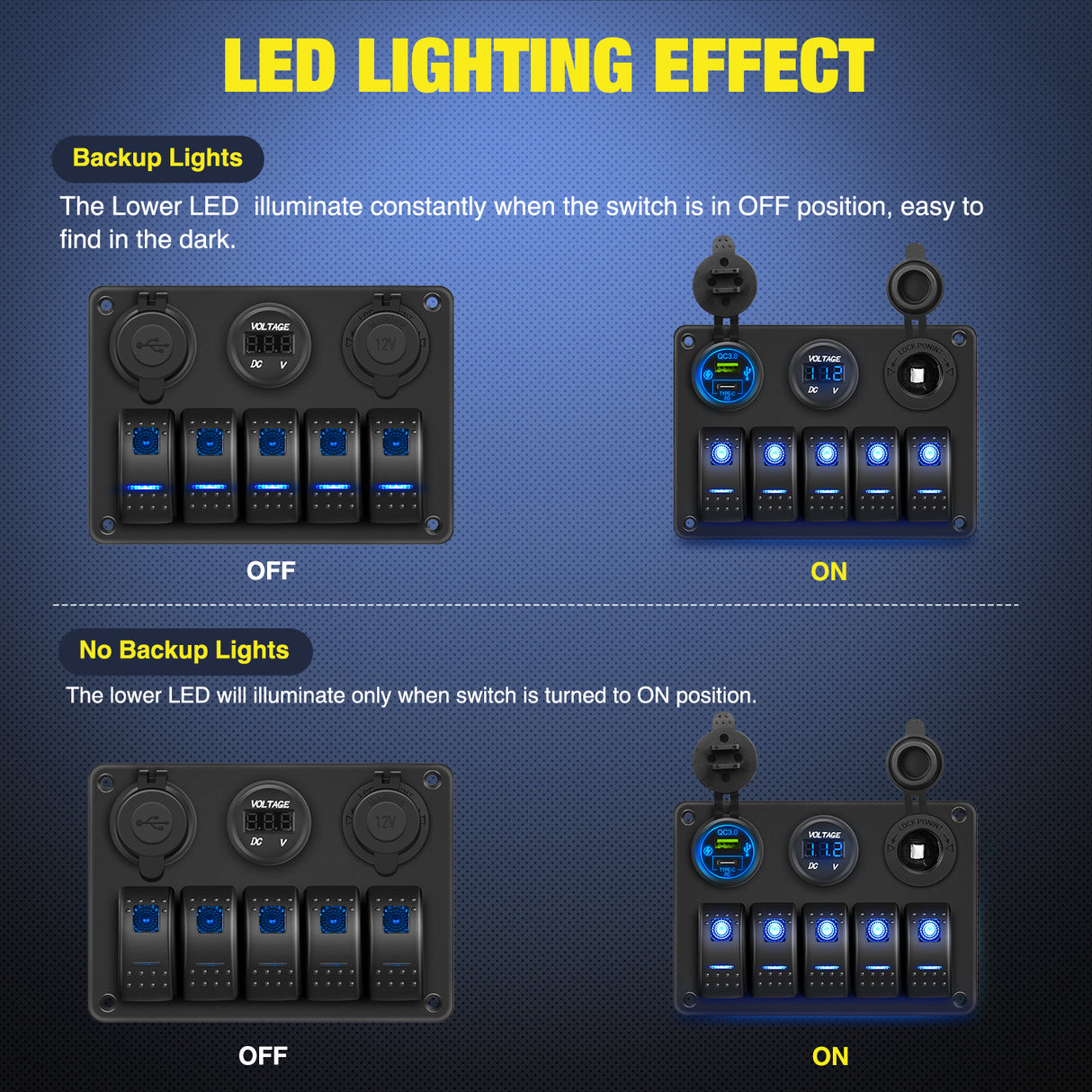 Rocker Switch 5 Gang Rocker Switch Panel Pre-Wired Aluminum with PD Type C and USB Cigarette Lighter Socket Voltmeter 12V 24V ON Off Toggle Switches for Car Trucks Boats RVs
