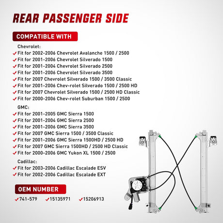 Window Regulator 741-579 Window Regulator and Motor Rear Passenger Side Compatible with Cadillac Escalade/Chevy Avalanche/Silverado/GMC Sierra Yukon 1500 2500 3500 2000 2001 2002 2003 2004 2005 2006 2007