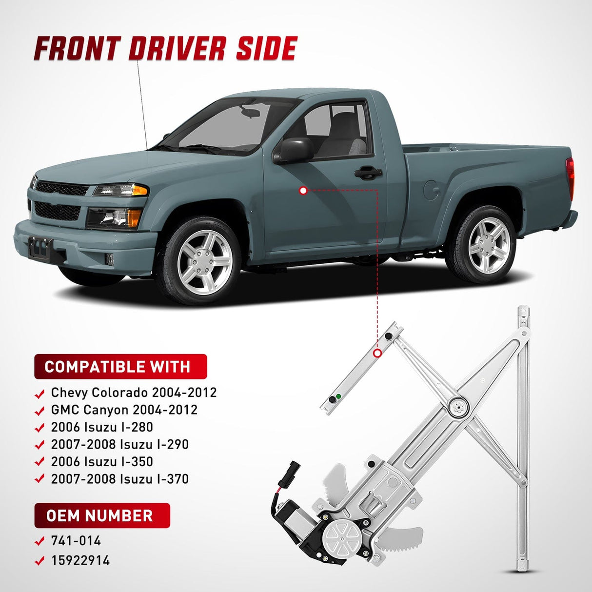Window Regulator Front Driver Window Regulator with Motor, Compatible with Chevy Colorado/GMC Canyon 2004 2005 2006 2007 2008 2009 2010 2011 2012, Power Window Lift Motor Assembly, OE Replacement, 741-014