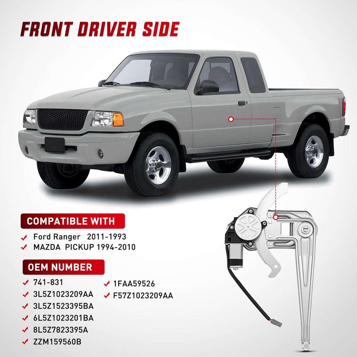 Window Regulator Power Window Regulator with Motor Assembly Replacement for Ford Ranger 2011-1993, Front Driver Side, 741-831