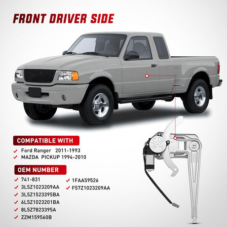 Window Regulator Power Window Regulator with Motor Assembly Replacement for Ford Ranger 2011-1993, Front Driver Side, 741-831