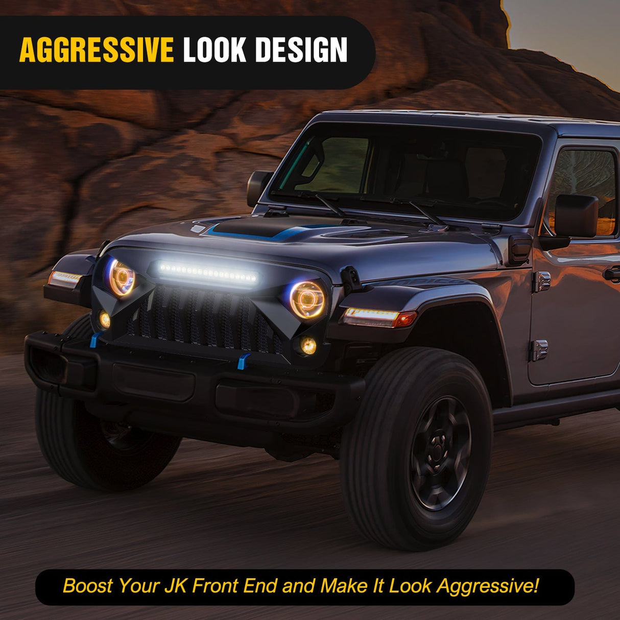 Front Bumper Front Bumper Grill Cover for 2007 2008 2009 2010 2011 2012 2013 2014 2015 2016 2017 2018 Wrangler JK/JKU Rubicon, & Sahara Sport with LED Work Light Pods Matte Black