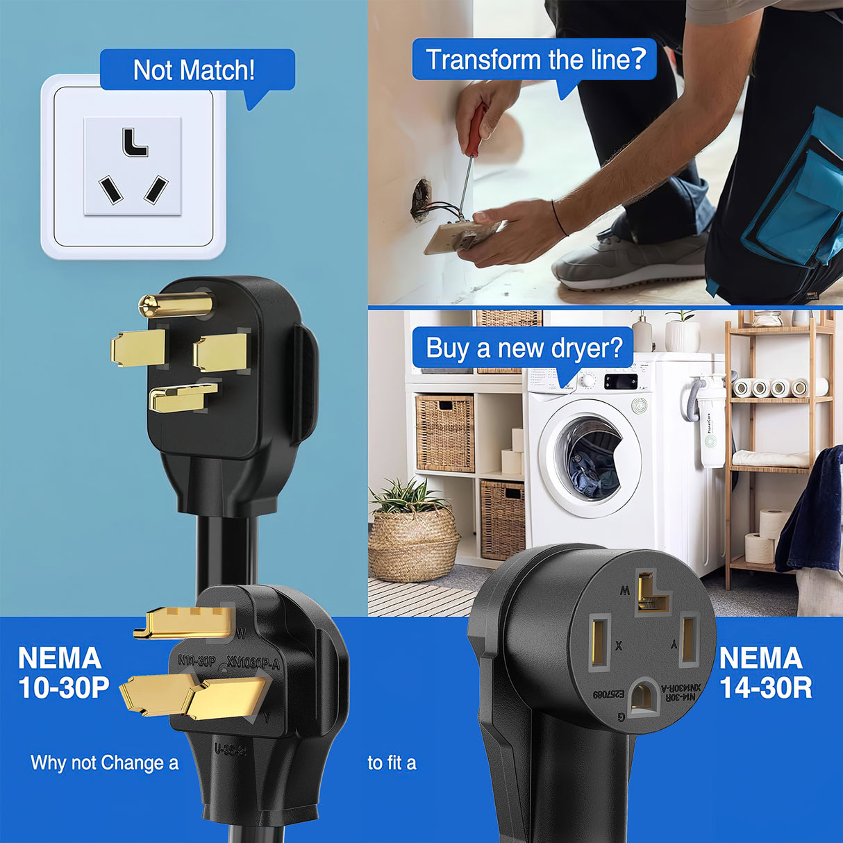 EV Dryer Adapter Cord 30 Amp to 30Amp 3 Prong 125V 3750 Watt Pure Copper Dryers Old Outlet New Plug Conversion Heavy Duty 10 Gauge Wires 10-30P to 14-30R 30M/30F (25% OFF Final Checkout)