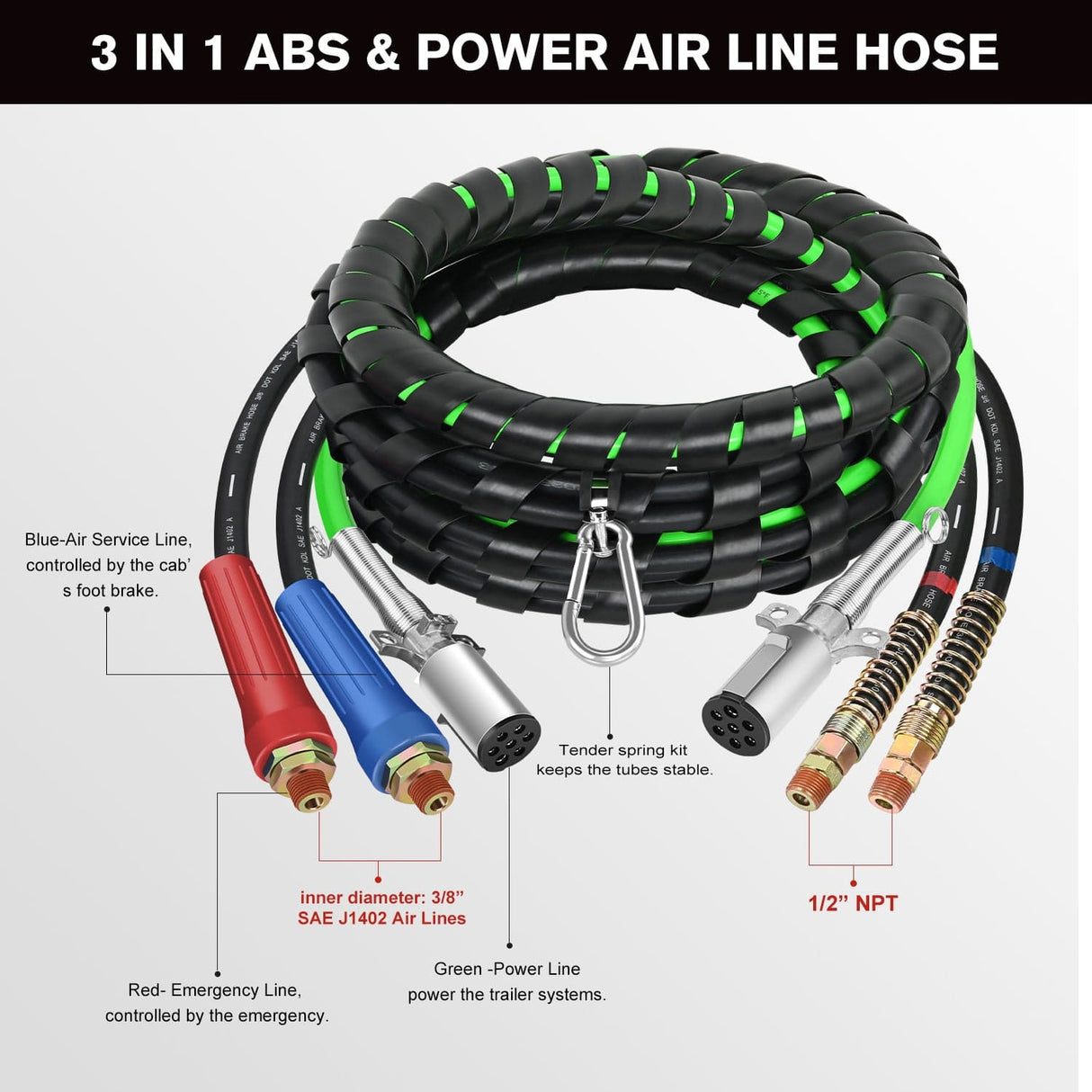 Wiring Harness Kit 15FT 3-in-1 ABS Electrical Cord Cable & Rubber Air Power Line Hose Kit