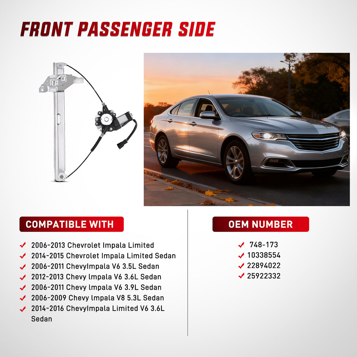 Window Regulator 2006 2007 2008 2009 2010 2011 2012 2013 Chevrolet Impala 2014 2015 2016 Impala Limited Front Passenger Side Power Window Regulator