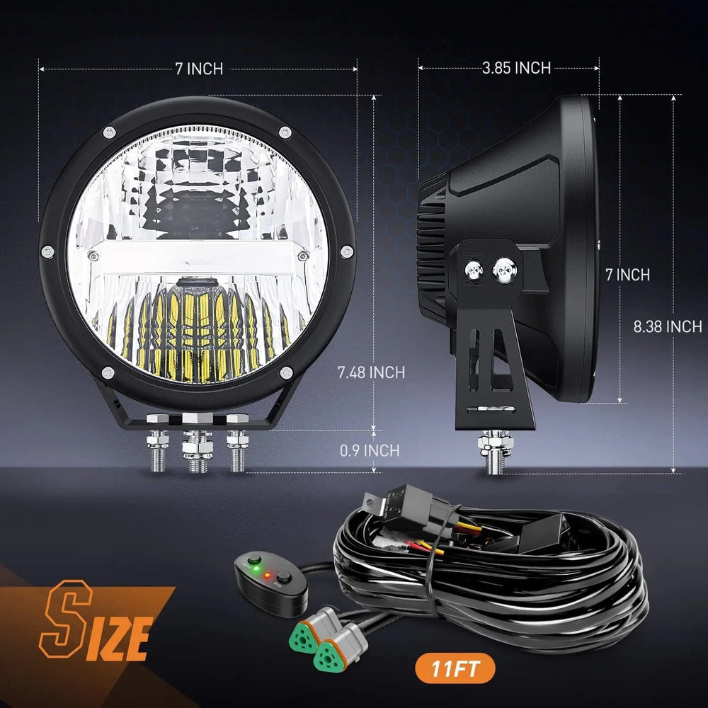 LED Work Light 7 Inch 120W 5800LM Round High Low Beam Built-in EMC LED Work Lights (Pair) | 14AWG DT Wire