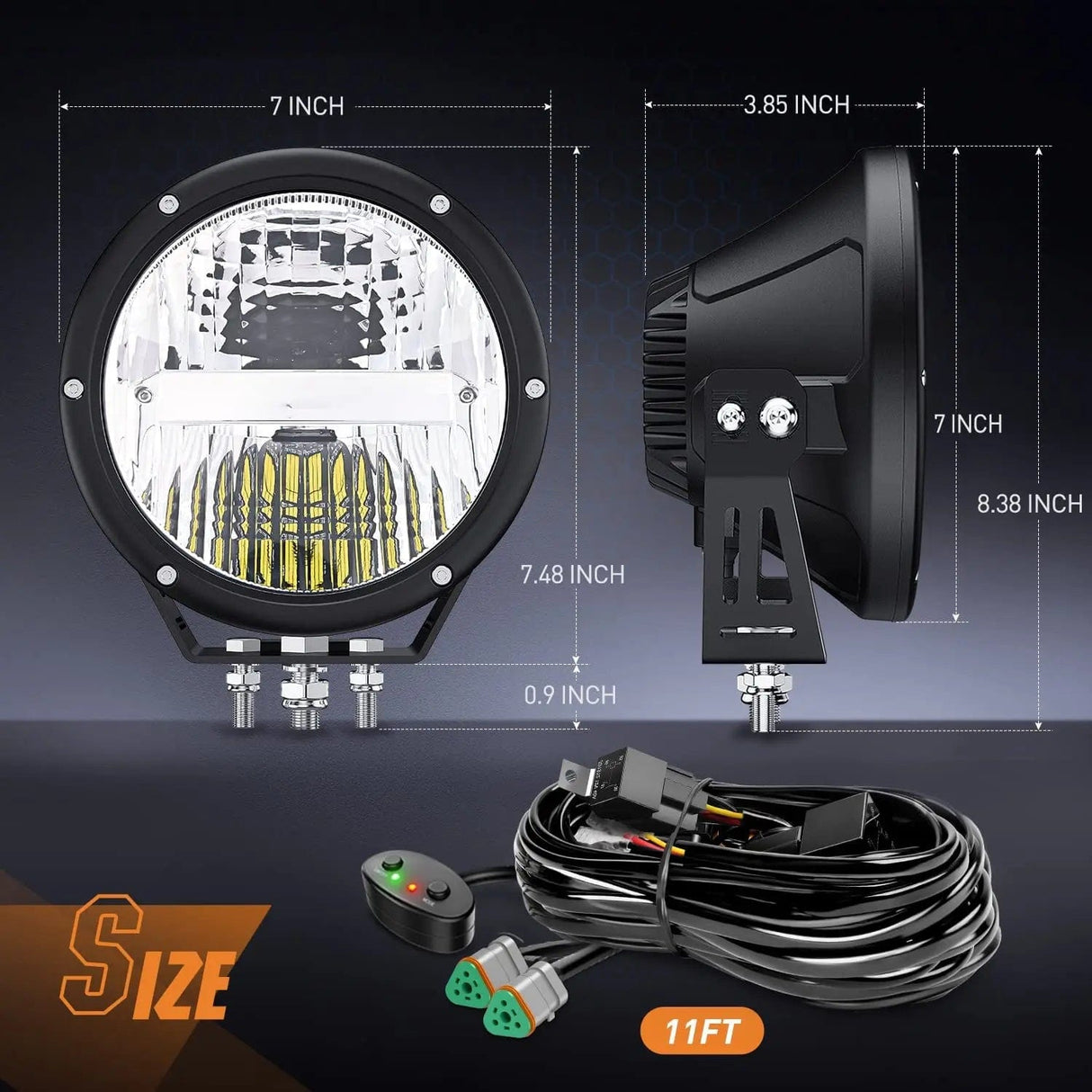 LED Work Light 7 Inch 120W 5800LM Round High Low Beam Built-in EMC LED Work Lights (Pair) | 14AWG DT Wire