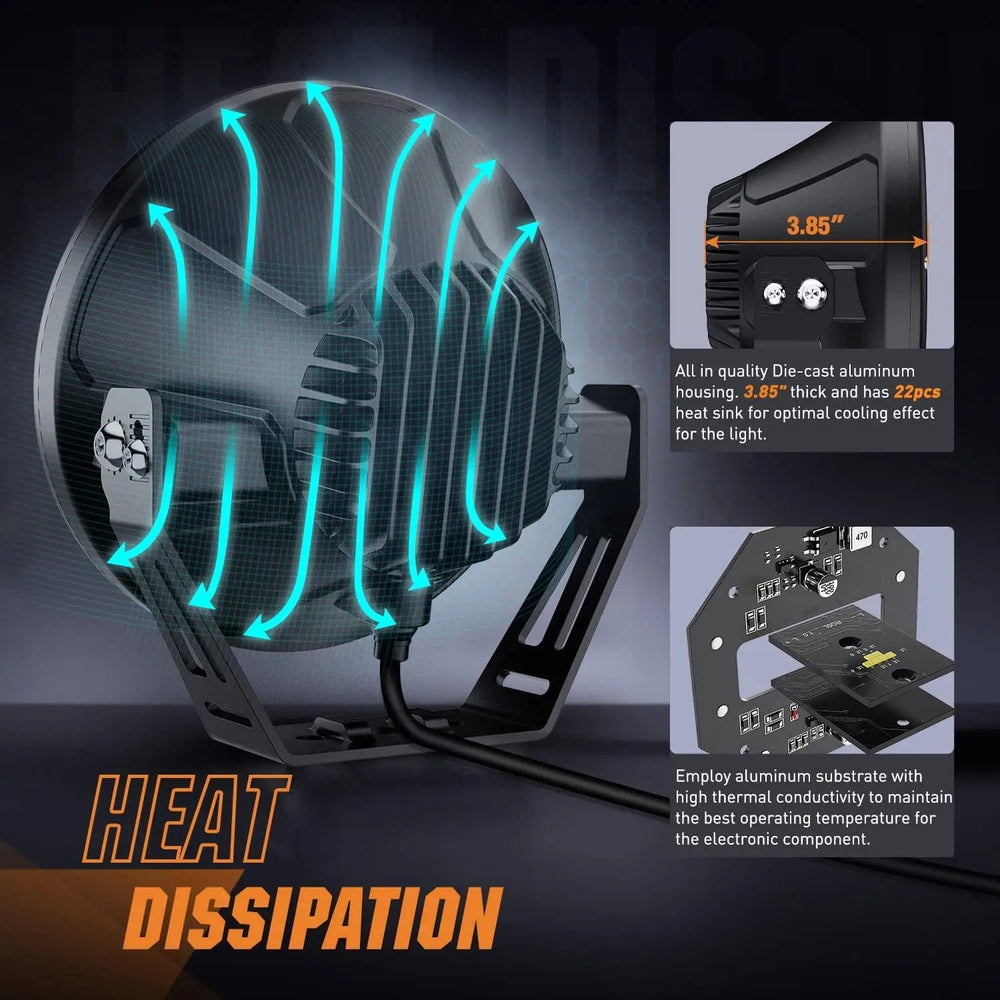 LED Work Light 7 Inch 120W 5800LM Round High Low Beam Built-in EMC LED Work Lights (Pair) | 14AWG DT Wire