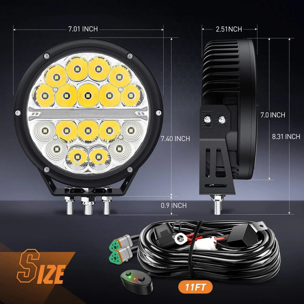 LED Work Light 7 Inch 90W 9850LM Round Spot Flood Built-in EMC DRL LED Work Lights (Pair) | 12AWG DT Wire