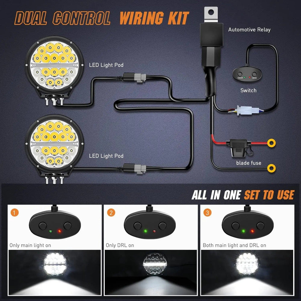 LED Work Light 7 Inch 90W 9850LM Round Spot Flood Built-in EMC DRL LED Work Lights (Pair) | 12AWG DT Wire