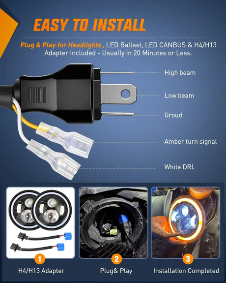 LED Headlight 7 Inch LED Halo Headlights For 2007-2017 Jeep Wrangler JK JKU (Pair)