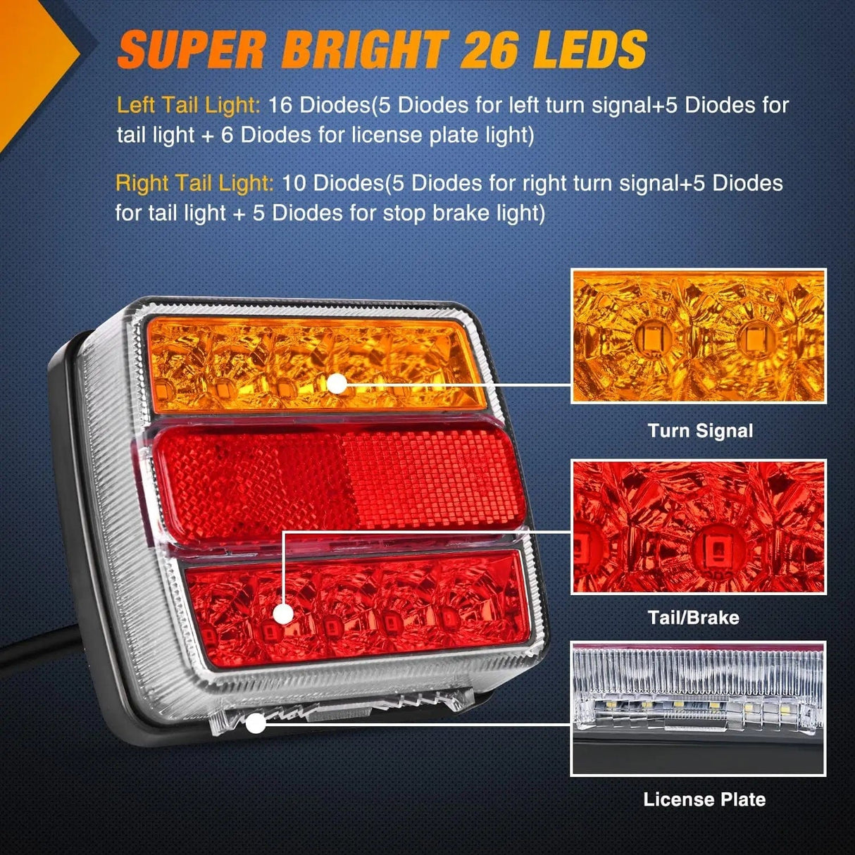Tail Brake Turn Reverse Lights Magnetic LED Trailer Towing Light Kit w/ 7 Pin Plug Tail Stop Amber