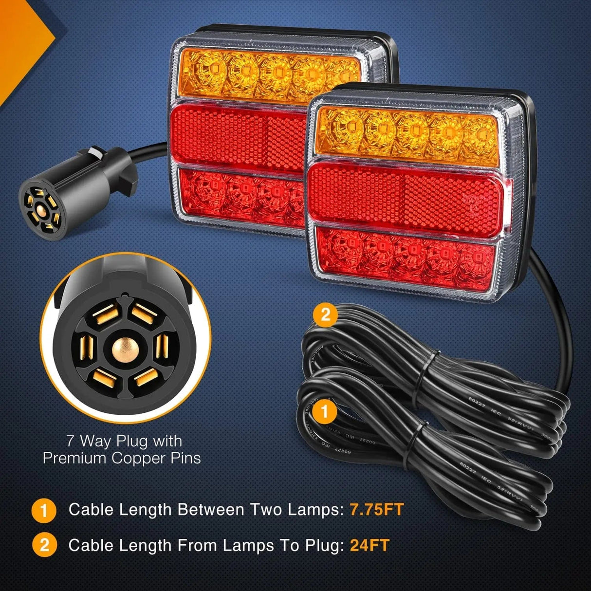 Tail Brake Turn Reverse Lights Magnetic LED Trailer Towing Light Kit w/ 7 Pin Plug Tail Stop Amber