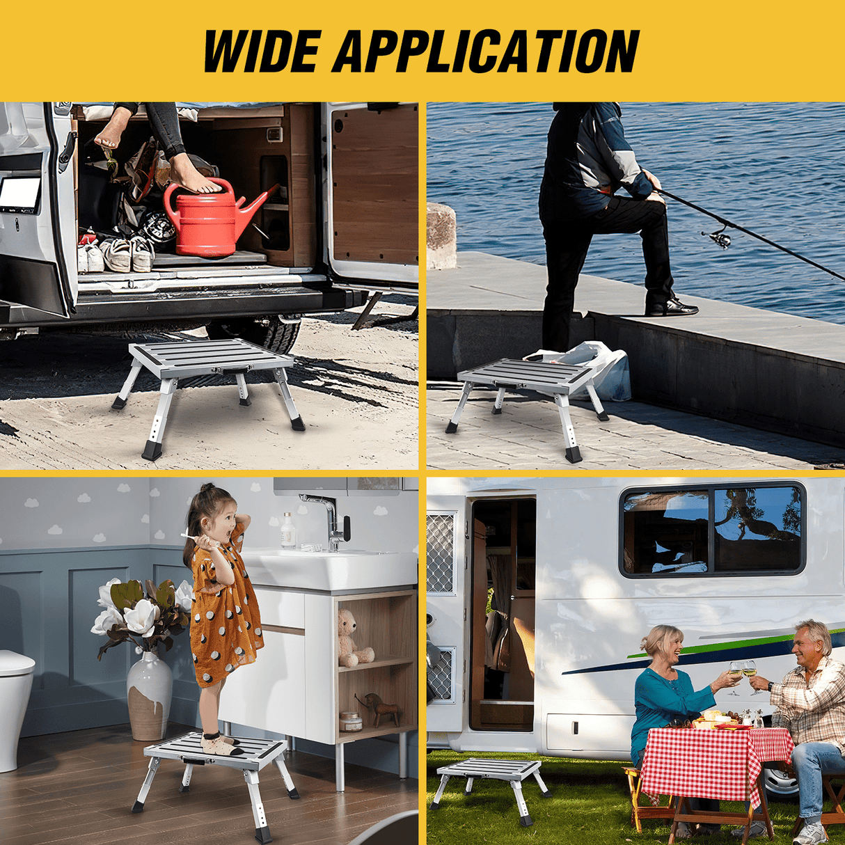 RV Parts RV Step Stool Aluminum Folding Platform Steps 19x14.5 RV Steps 4 Levels Adjustable Step Stool with Anti-Slip Surface Rubber Feet Handle