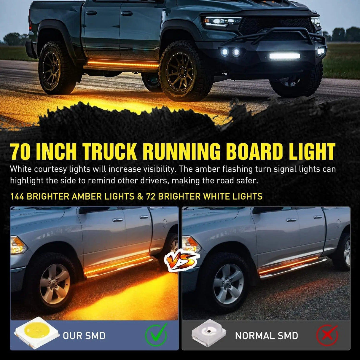 Led light Strip 70 Inch 216 Leds Running Board Amber White Light Strip (Pair)