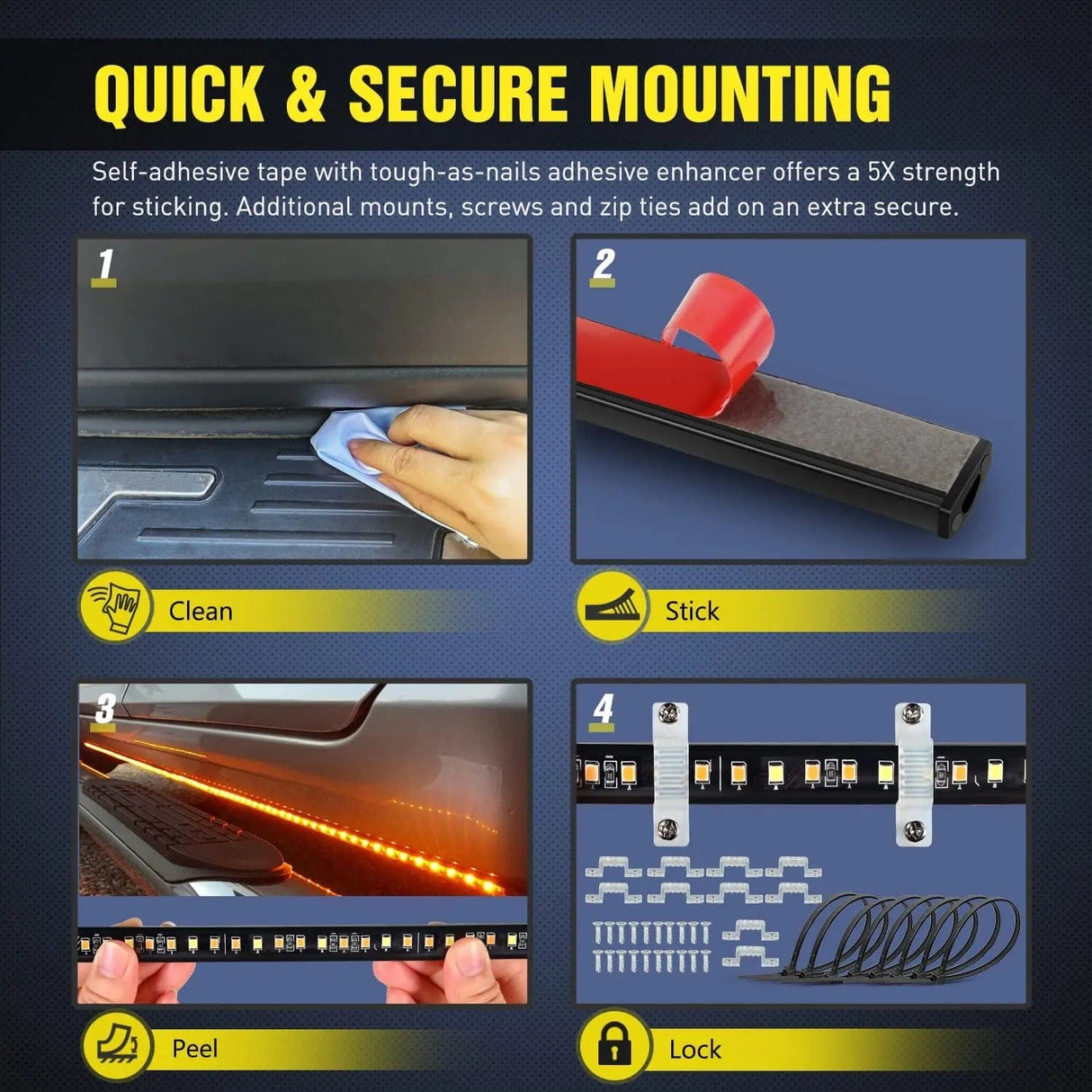 Led light Strip 70 Inch 216 Leds Running Board Amber White Light Strip (Pair)