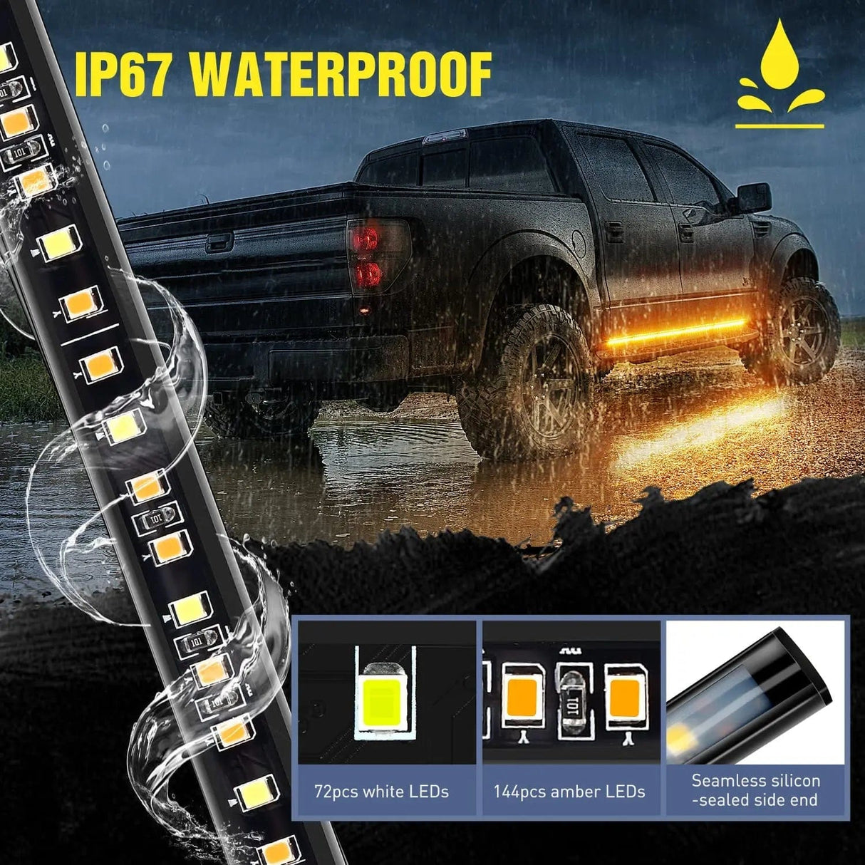 Led light Strip 70 Inch 216 Leds Running Board Amber White Light Strip (Pair)