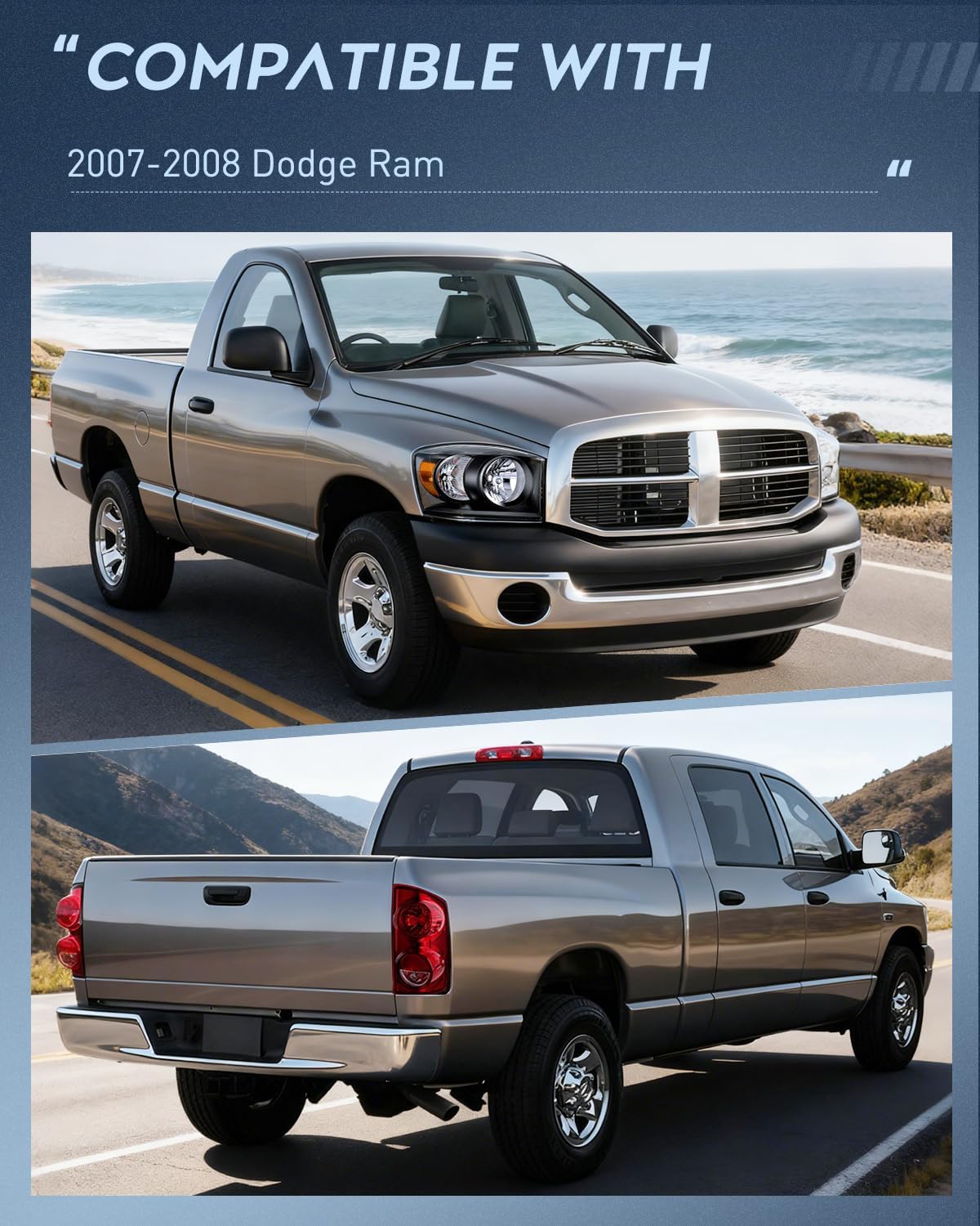 Headlight and Taillight Assembly Combo Compatible with 2007 2008 2009 Dodge Ram 1500 2500 3500 OE Style Black Housing Amber Reflector with Smoke Housing Tail Lights