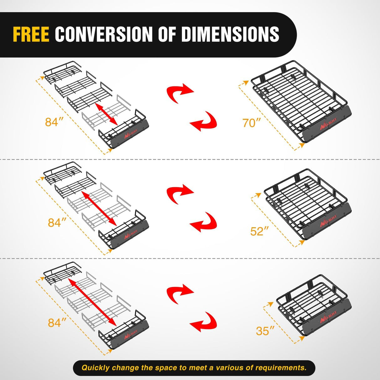 84 Inch x 39 Inch x 6 Inch Universal Roof Rack Cargo Basket Heavy-Duty 250LBS Capacity Rooftop Cargo Carrier with Cargo Net Ratchet Straps Luggage Holder for SUV Truck Vehicle
