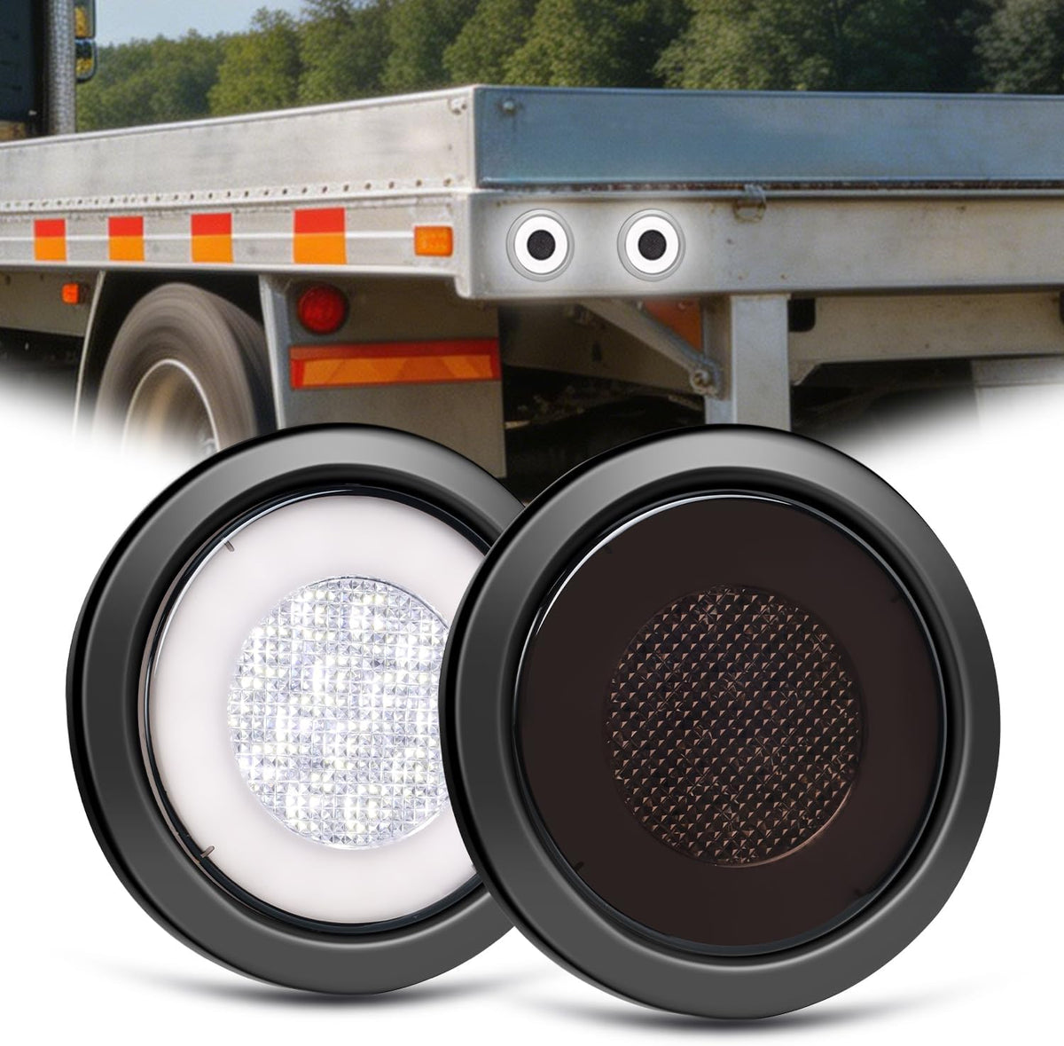Trailer Tail Lights 2PCS 4Inch Round 32LED Smoked White Halo | Grommet Mount IP67 Waterproof Marker Clearance Reverse Backup Running Taillights for Trailer Truck Pickup Camper RV