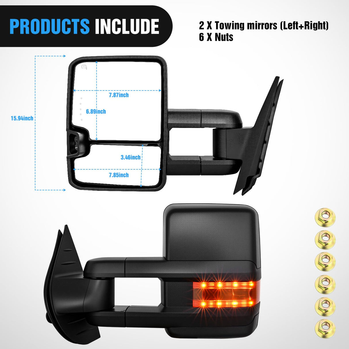 Towing Mirrors Turn Signal Reverse Puddle Lights Power Heated Adjustable Glass Manual Telescoping Folding Compatible With 2007-2014 Chevy Silverado GMC Sierra Yukon XL