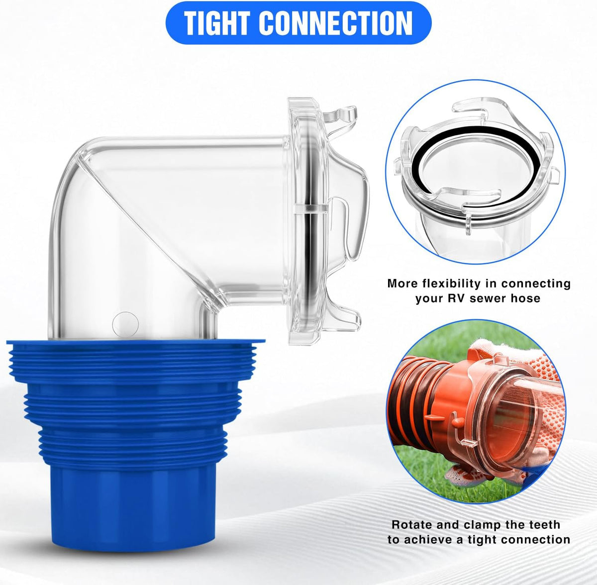 90 Degree RV Sewer Hose Fittings with 4-in-1 Adapter, Clear RV Sewer Hose Elbow Leak-Proof Connection & Odor-Tight Seal Fits 4 Sizes of Dump Station Inlets for Campers Travel Trailers, Blue