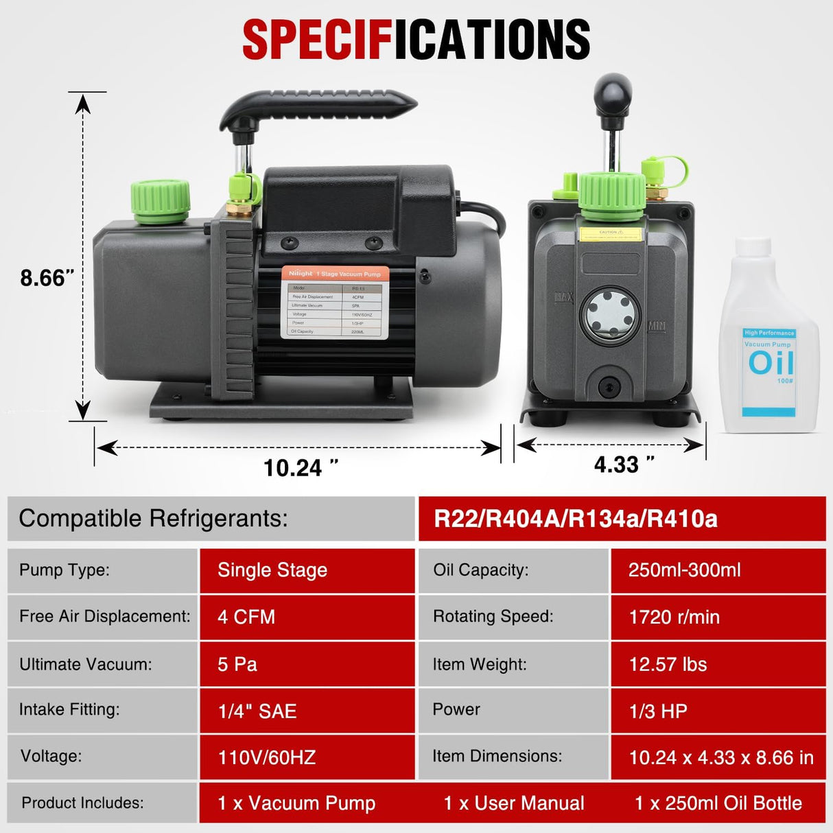 4 CFM Vacuum Pump HVAC, 1/3 HP 110V Single Stage AC Vacuum Pumps Kit for R22 R404a R134a R410a, 5 Pa Ultimate Vacuum for Auto Air Conditioning Servicing Refrigerant Recharging, Oil Included