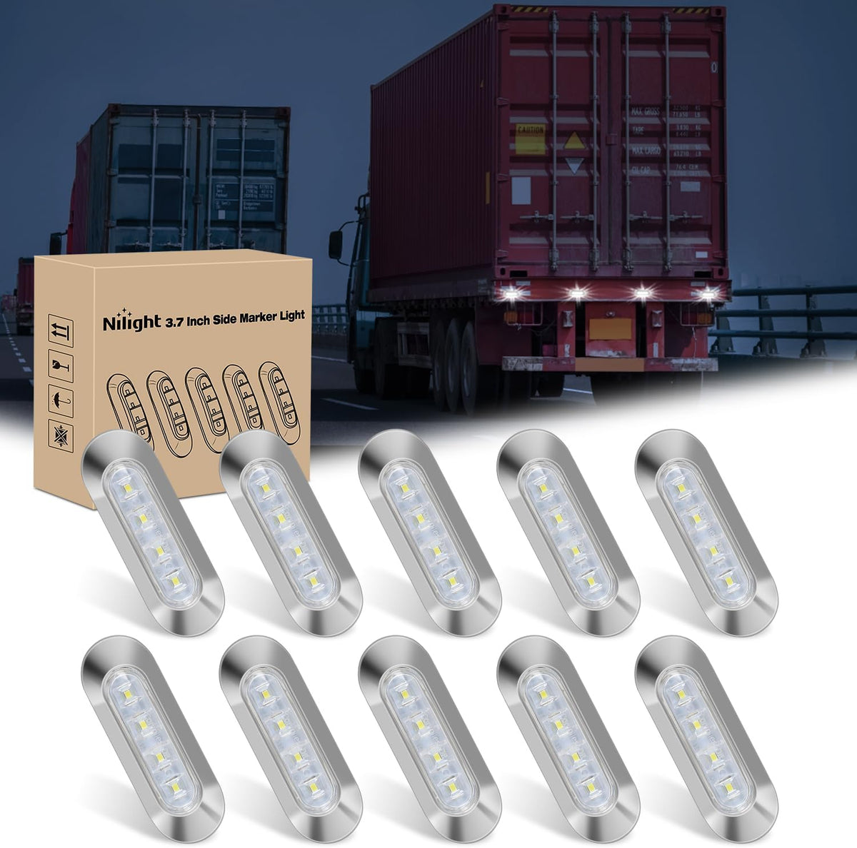 3.7 Inch white Oval Side Marker Light, 4 LED IP68 Waterproof | Chrome Bezel DC 12-24V Surface Mount 10 Pack Marker & Clearance Light for Trucks Trailers Cars RVs Buses & Boats