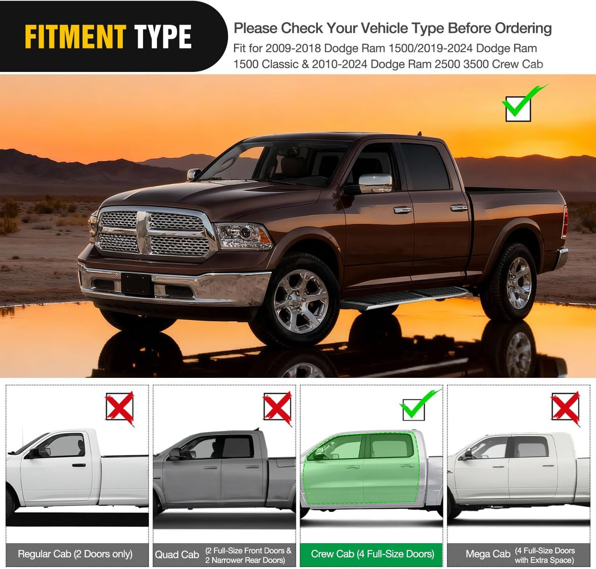 2009-2018 Dodge Ram 1500 Crew Cab 2019 2020 2021 2022 2023 2024 Dodge Ram 1500 Classic 2010 2011 2012 2013 2014 2015 2016 2017 2018 2019 2020 2021 2022 2023 2024 Dodge Ram 2500 3500 6 Inch Slip-Proof Stainless Steel Side Step Nerf Bars Running Boards
