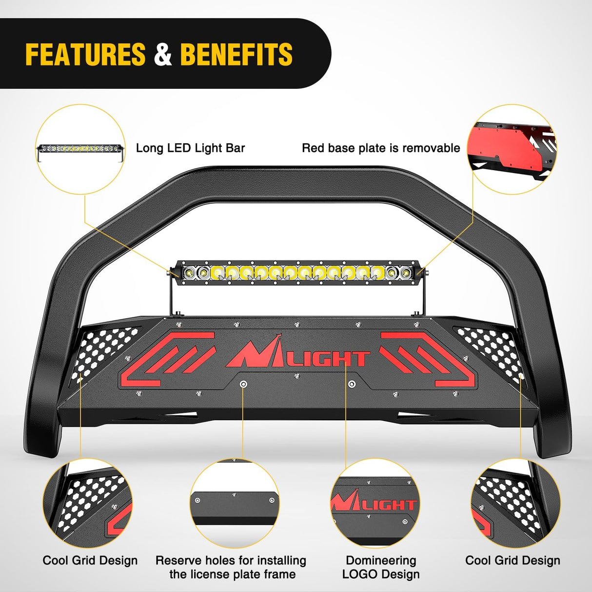 Bull Bar with Light fits 2007-2018 Chevy Silverado GMC Sierra 1500, 2007-2020 Chevy Tahoe Suburban&Yukon/Yukon XL Front Bumper Grille Brush Push Guard with Skid Plate Licence Plate Hole Black