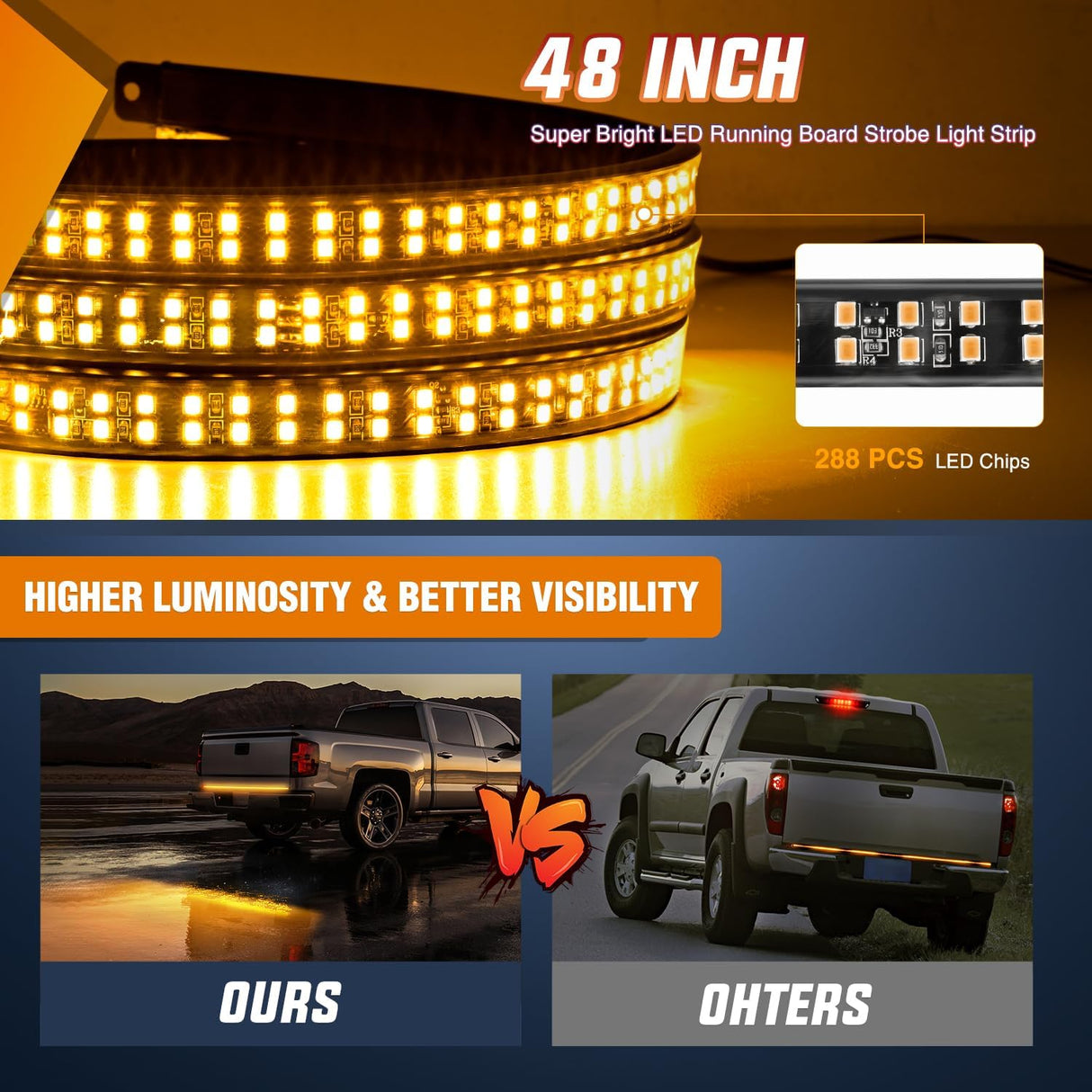 48 Inch Truck Tailgate Strobe Light Strip Tail Emergency Bar Rear Window Warning Lamp Ultra-Bright Double Row 288 LED for Pickup Trailers Construction Vehicles Car SUV, Amber