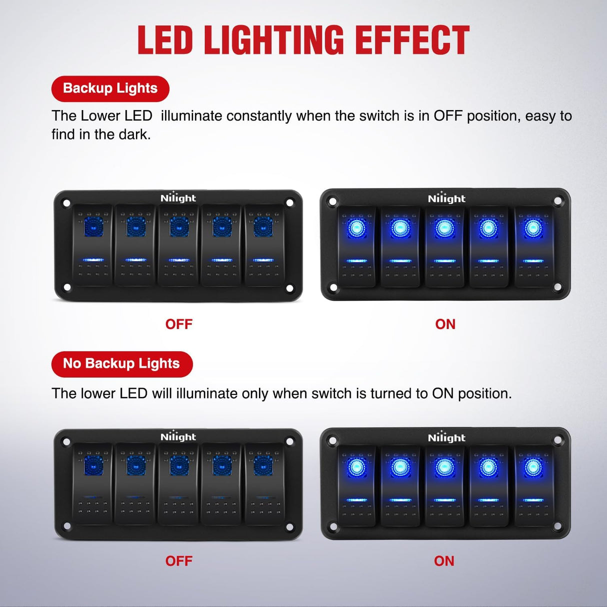 16AWG 14AWG 12AWG LED Light Bar Wiring Harness Kit 12V On/Off 5 Gang Rocker Switch Panel Power Relay Blade Fuse 5Pin Toggle Switches for Cars Boat ATV Trucks-10 Leads