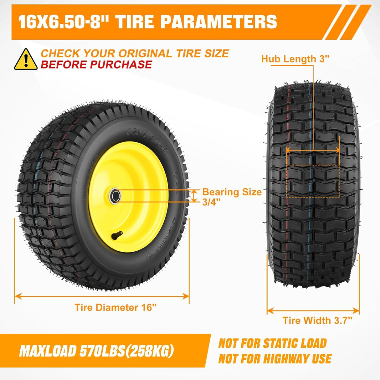 16x6.50-8 Lawn Mower Tires, 16 Inch Pneumatic Rubber Tire with 3/4 Inch Axle Bore & 3 Inch Hub Length, Air-Filled Replacement Wheels for Riding Lawn Mowers, 2 Pack