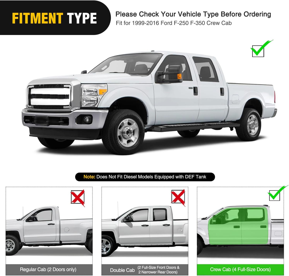 Running Boards for 1999-2016 Ford F-250 F-350 F450 F550 Super Duty Crew Cab 4 Full Size Doors 6 Inch Side Step Nerf Bars Black