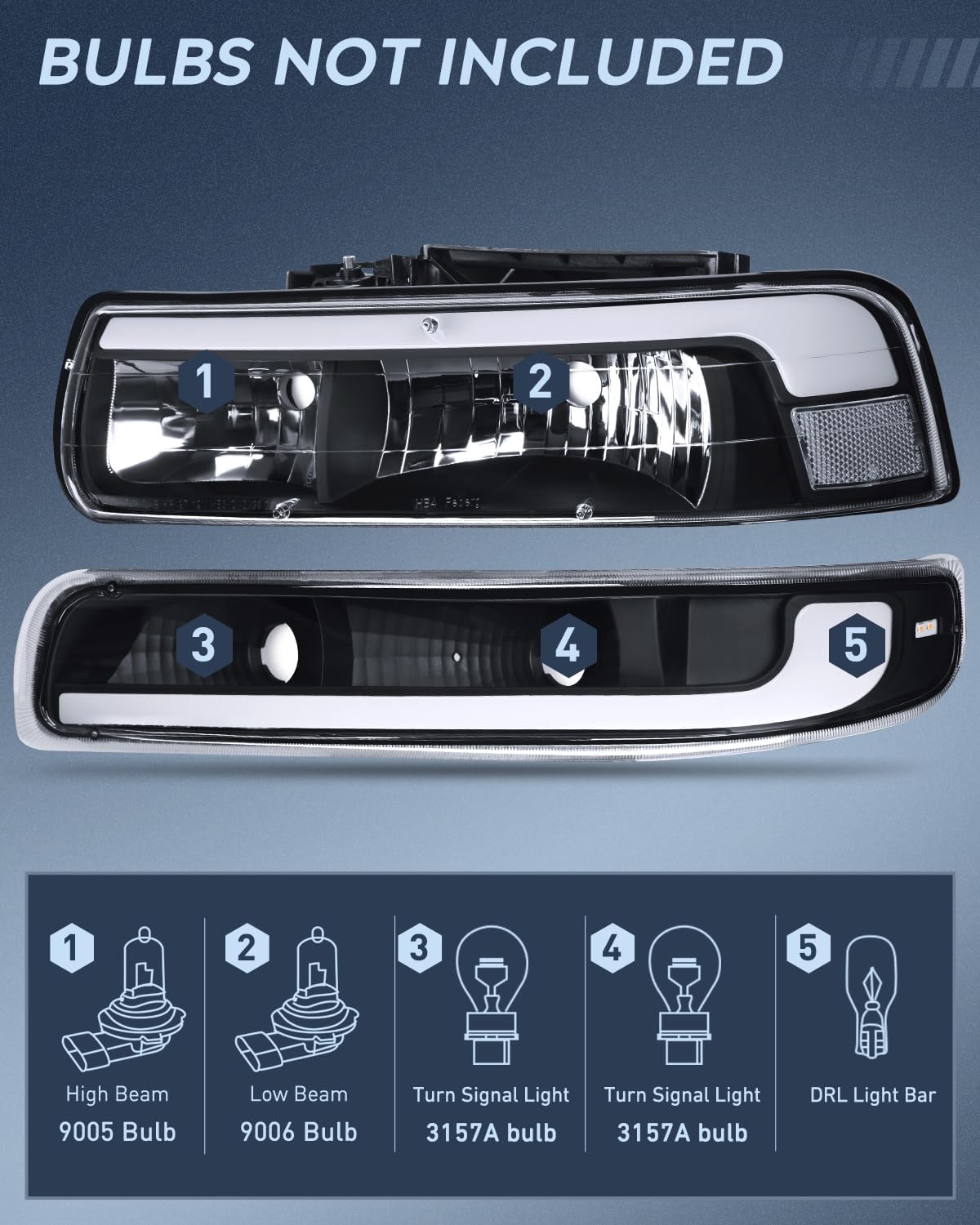LED DRL Headlight Assembly for 1999 2000 2001 2002 Chevy Silverado 1500 1500HD 2500 2500HD 3500 Chevrolet Tahoe Suburban Replacement Headlamp Clean Lens Black Housing Bumper Lights Set