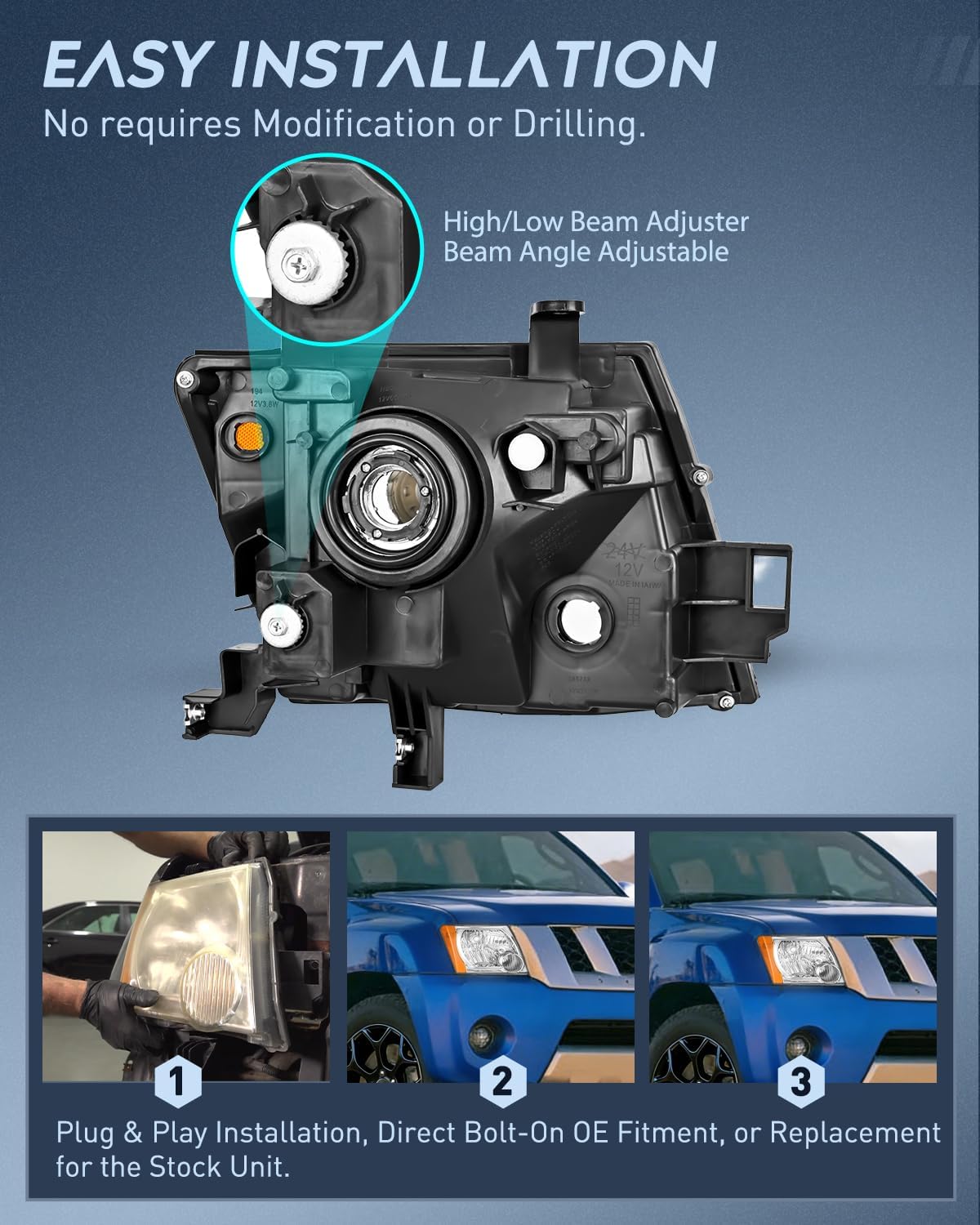 Headlight Assembly Compatible with 2005-2015 Nissan Xterra | 2005-2015 Nissan Xterra OE Style Replacement Chrome Housing Amber Reflector Headlamp