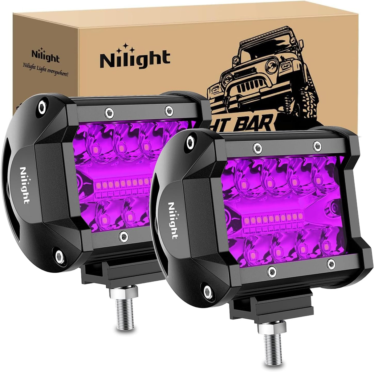 4 Inch LED Light Pods Purple Triple Row 2PCS 60W Flood Spot Combo Off Road Driving Decoration Neon Hunting Lighting for UTV Pick-up Van Boat Tractor