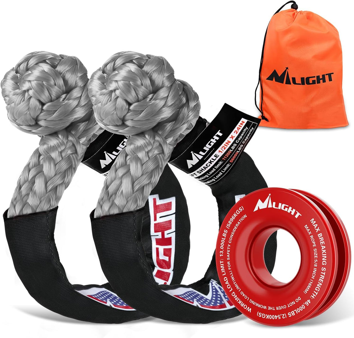 2PCS Synthetic Soft Shackle 1/2 Inch x 24 Inch & Recovery Ring Kit - 56,000 LBS Shackle Breaking Strength with 46,000 LBS MBS Snatch Pulley for 4x4 Truck SUV ATV UTV Off-Road Vehicle Extraction (Gray)